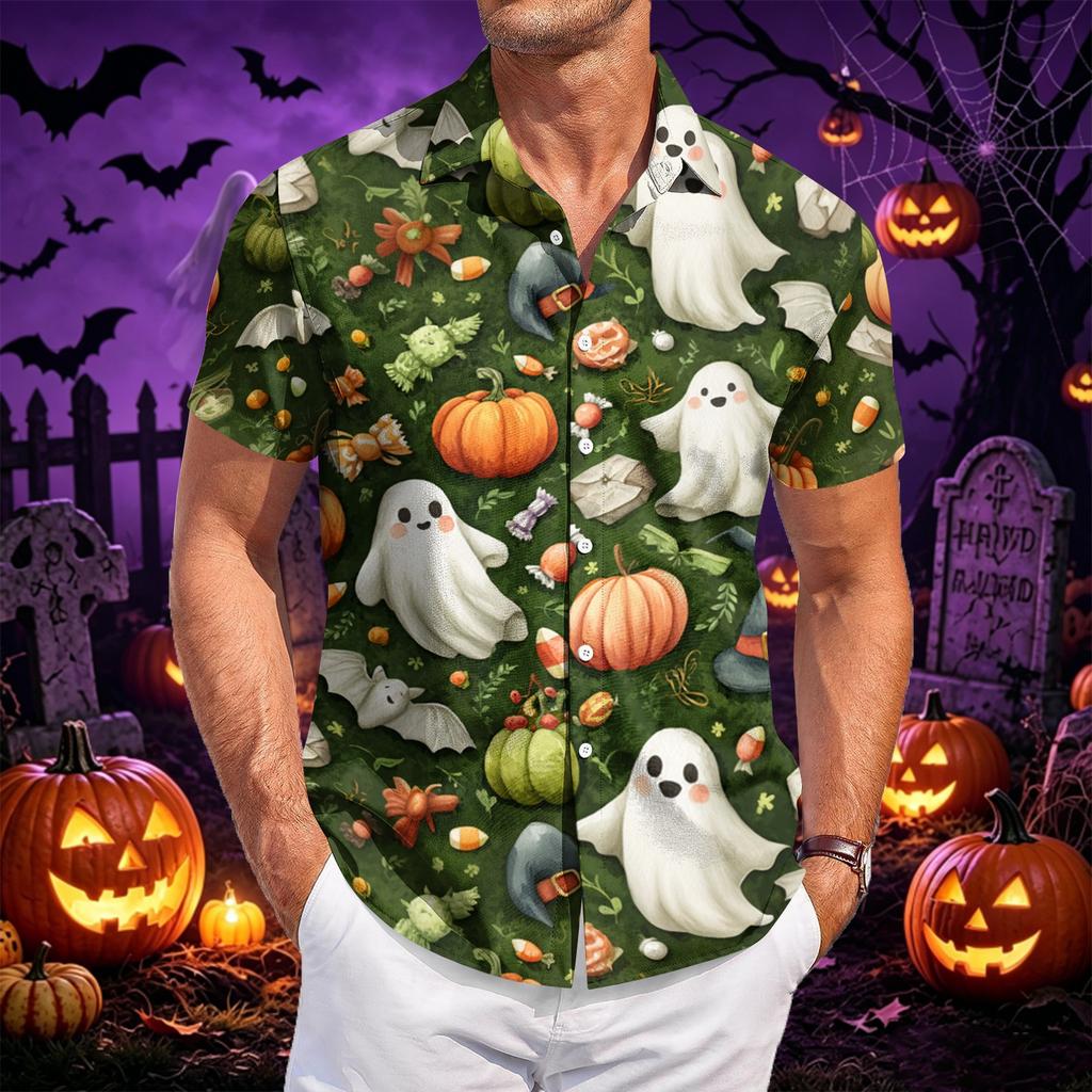 Men Short Sleeve Button Down Shirt with Halloween Themed Printed Design Casual Fit Lightweight Material Suitable for Daily Wear