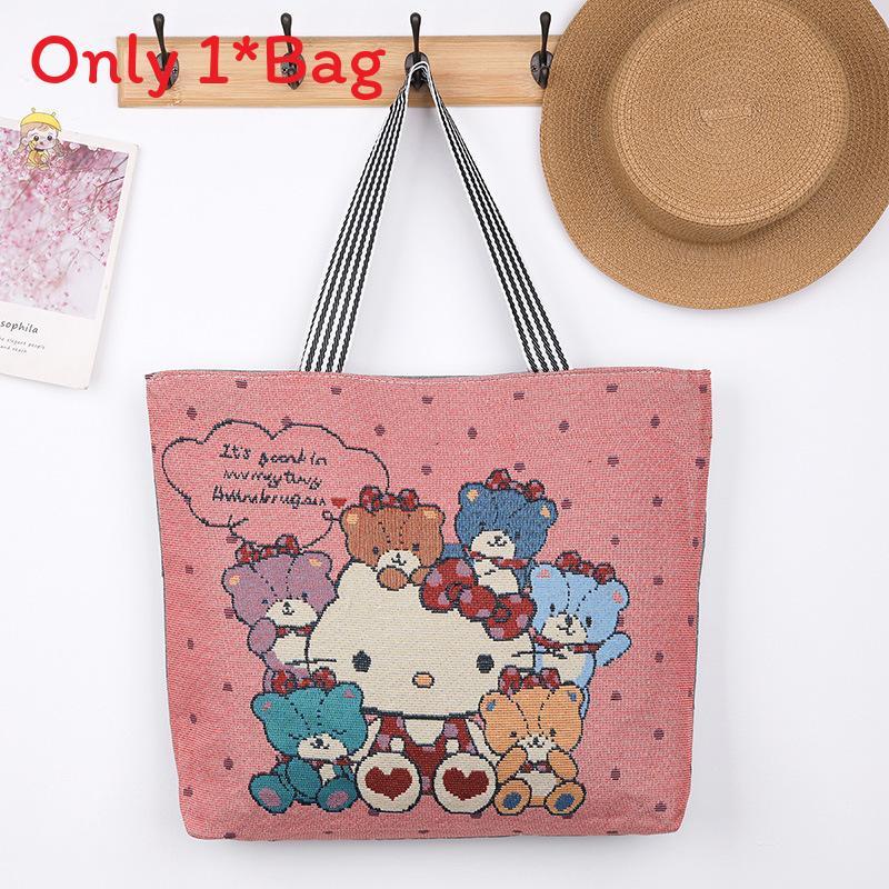 Elephant Hello Kitty Butterfly Embroidered Canvas Tote Bag With Seamed Stitching For Daily Use