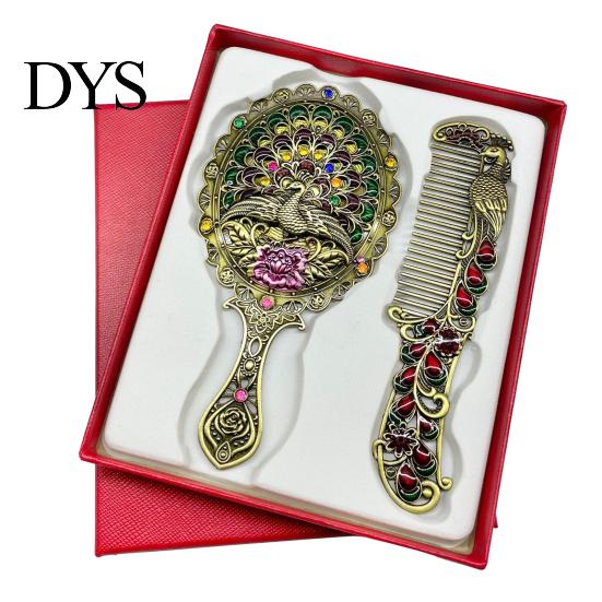 Vintage Peacock Hair Comb Mirror Set, Embossed & Handheld Rhinestone Makeup Mirror, Hand with for Women Retro Carved