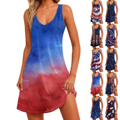 Lässiges, bedrucktes Independent Day-Kleid für Damen mit Weste mit V-Ausschnitt und Strandkleid mit Tasche