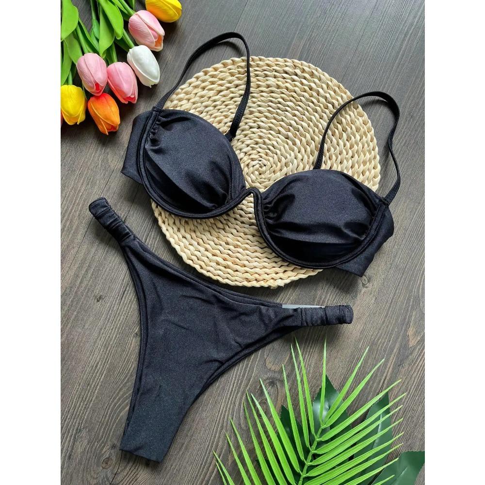 Sexy 3D Blumen Bikini Set 2025 Damen Schwarz Weiß V Bügel Unterbrust Micro Mini Badeanzug Strand Badeanzug Plissee String Bademode