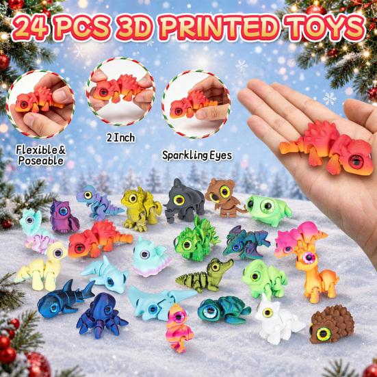 Christmas Advent Calendar for Kids 3D Printed Animal Calendar, 24-Day Dinosaur Ocean Land Countdown Box Holiday Figure Set, Decor,