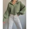 Womens Fall Winter Loose Lantern Sleeve Collared Pullover Short Sweater