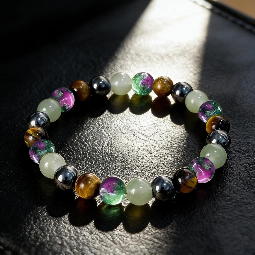 Crystal bracelet, natural tiger eye stone, red green gemstone, black stone bead bracelet, men's elastic bracelet