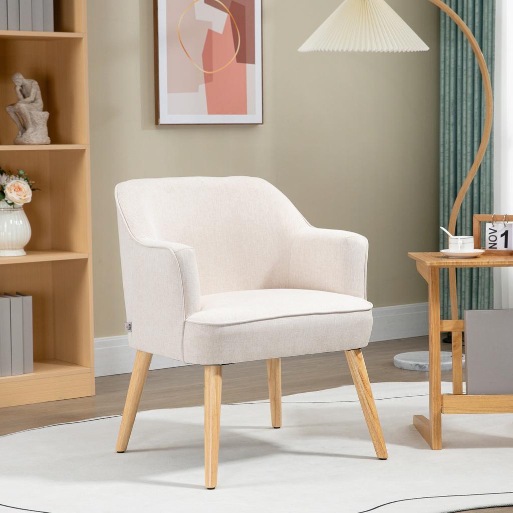 Armchair, Synthetic Linen Upholstered, Wooden Legs, 64.5 x 65 x 79.5 cm, Cream