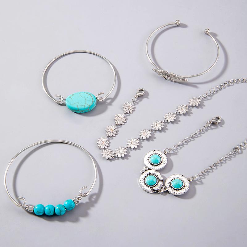 Boho Bransoletka z Turkusowymi Liśćmi dla Kobiecej Biżuterii, Etniczny Zestaw Bransoletek z Kwiatami