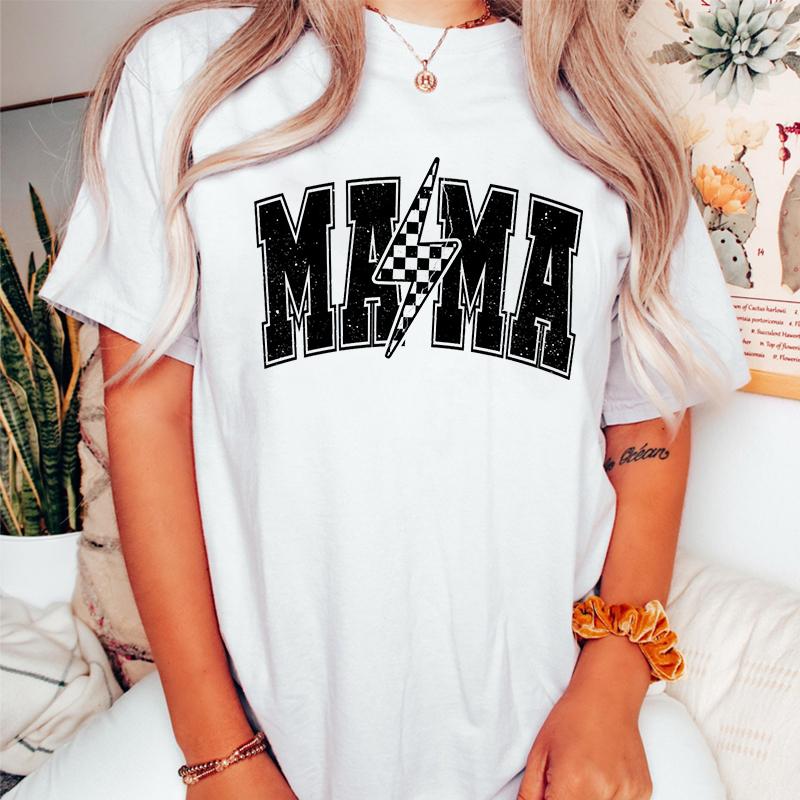 Retro Flower MAMA Graphic T Shirts Women Mothers Day Gift for New Mom Cute Mama Tshirt Leopard Lightning Mama Crew Neck Tshirt
