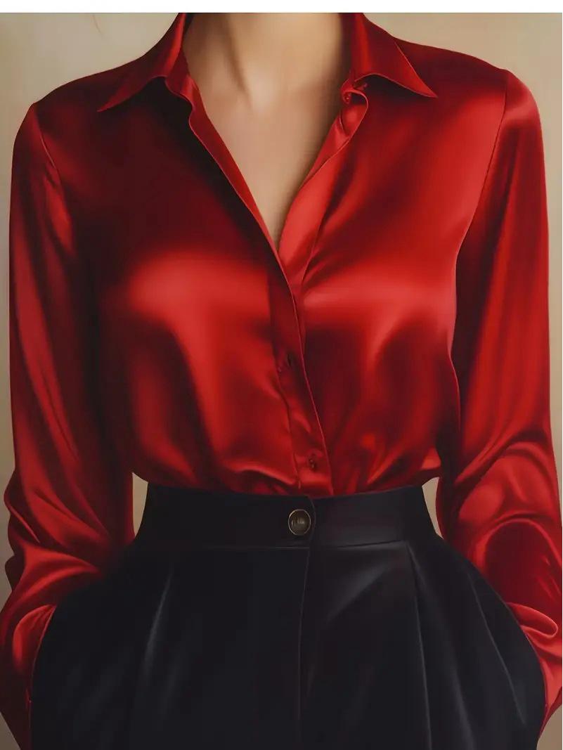 Elegant Autumn Solid Color Long Sleeve Button-Up Shirt for Women S красный