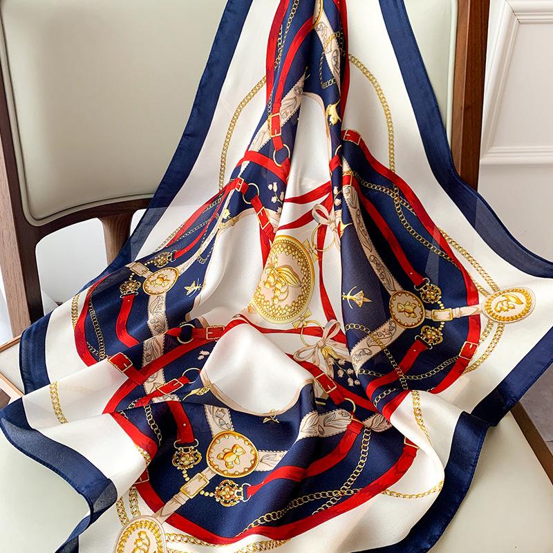 Foulard in raso di seta con stampa a catena da 70 cm per donna, fazzoletto stampato, bandana quadrata da testa per donna, scaldacollo piccolo, Hijab, signora, ragazza