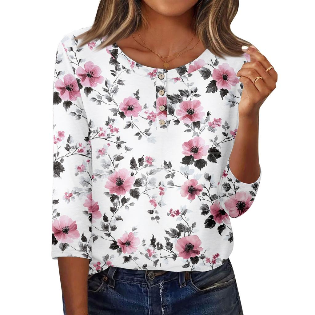 3/4 Sleeve Shirts For Women Button Down Shirt Top For Women Half Button Down Print Graphic Blouse