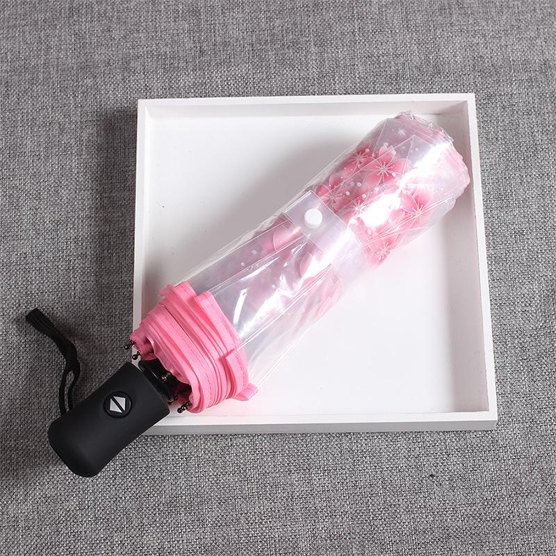 Cherry Blossom Transparent Folding Umbrella - Thickened, Three-Fold Design for Couples and Individuals One Size