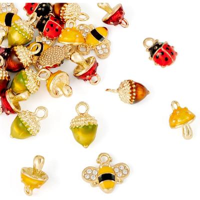 Craftdady 24Pcs 6 Styles Colorful Alloy Enamel Charms Golden Pine Cone Mushroom Bee Ladybug Pendants Cute Insect Loose Dangle Charms for DIY Craft