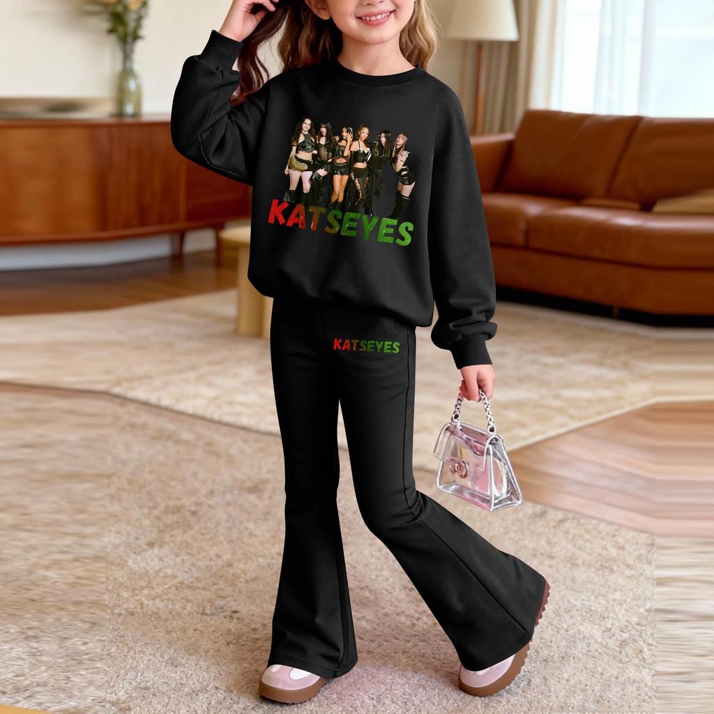 Kids Printed Long Sleeve Neck Top and Pants Set, Casual Loose Fit Outfit for Boys Girls