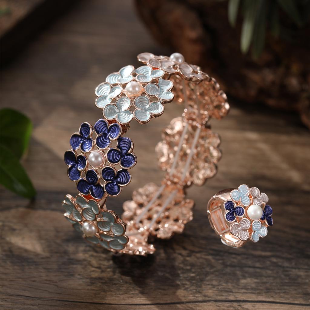 Color Painted Oil Clover Flower Ring Bracelet Set Small Fresh Ladies Versatile Ring Bracelet