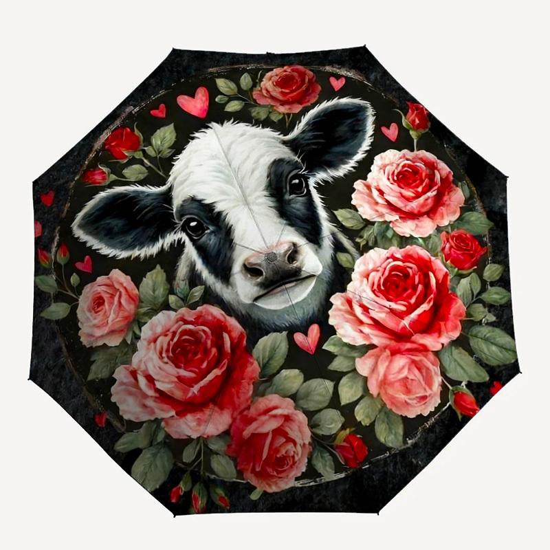 

1pc Cow Roses Pattern Umbrella Automatic Opening and Closing Umbrella, High quality Umbrella, Ideal Gift for Her 338