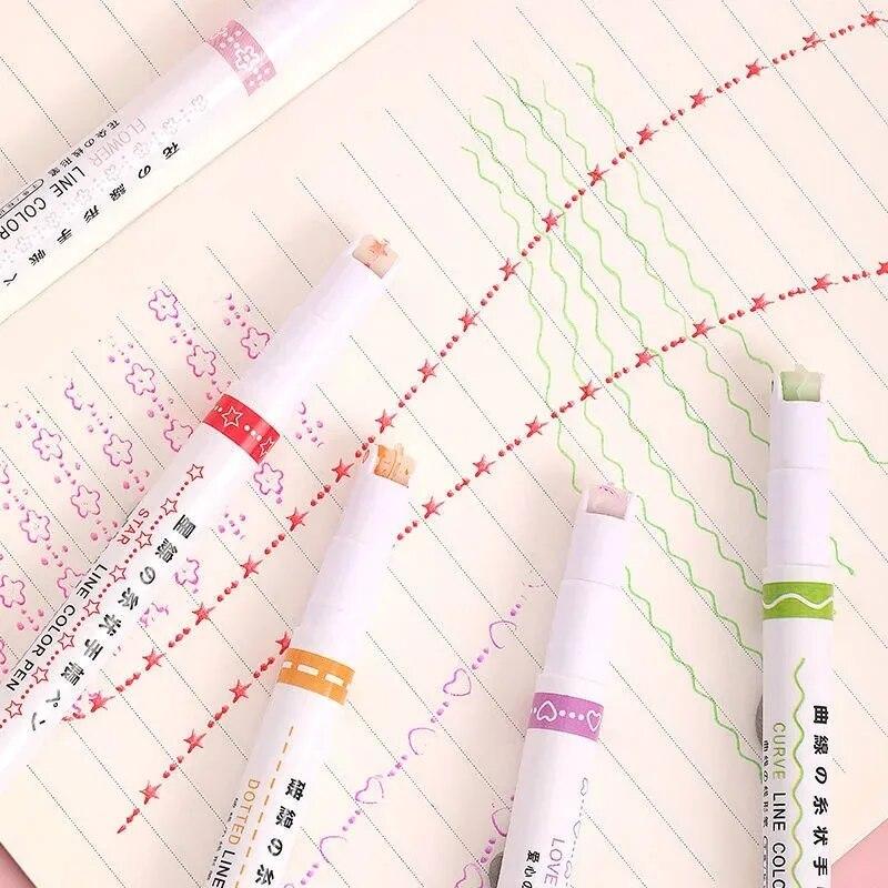 6pcs/set Line Shaped Highlighter Pen Color Roller Tip Curve Liner Art Contour Marker Highlighter Journal School Stationery