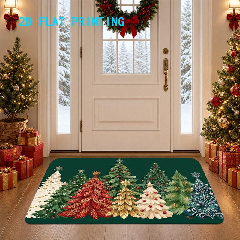 1pc 2D Flat Vintage Christmas Tree Entry Rug, Festive Decor Mat for Home, Outdoor, Entryway, Bedroom, Balcony, Holiday Gift