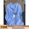 Blue linen shirt jacket women's summer thin old money wind cotton and linen shirt loose casual sunscreen top
