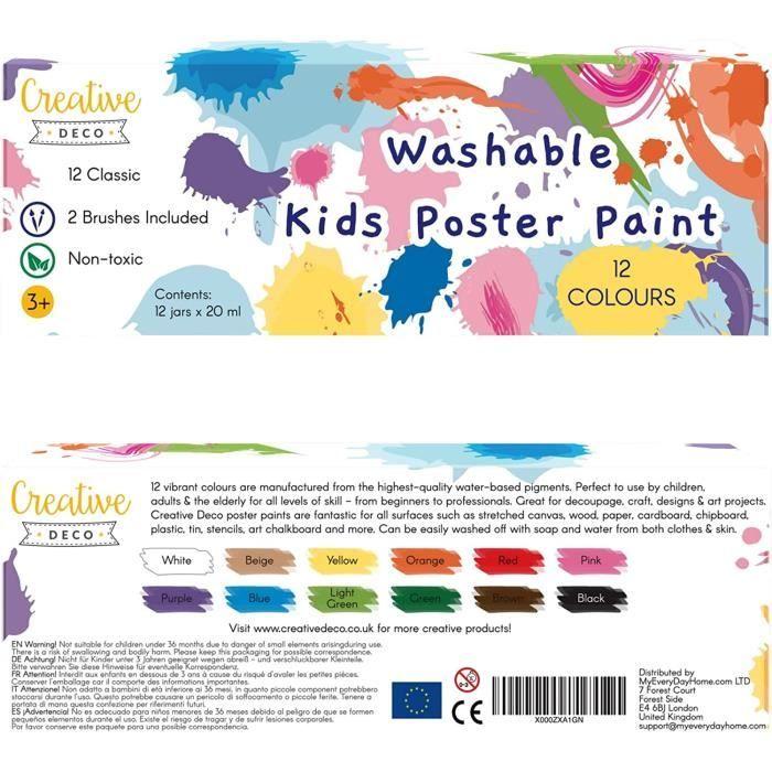 Peinture Enfant Lavable Creative Deco | 12x20ml | Couleurs Basiques Vibrantes | Non-Toxique