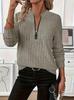 2026 Women's Knit Ribbed Solid Color Zipper Long Sleeve Top for Autumn & Winter