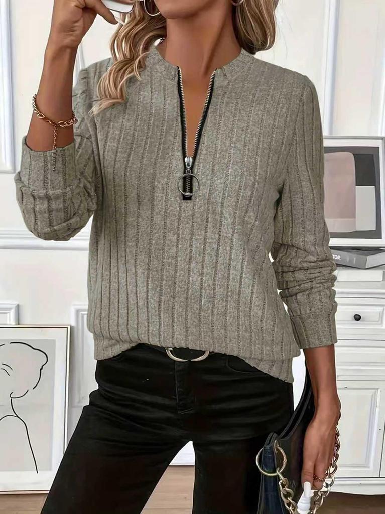 2026 Women's Knit Ribbed Solid Color Zipper Long Sleeve Top for Autumn & Winter