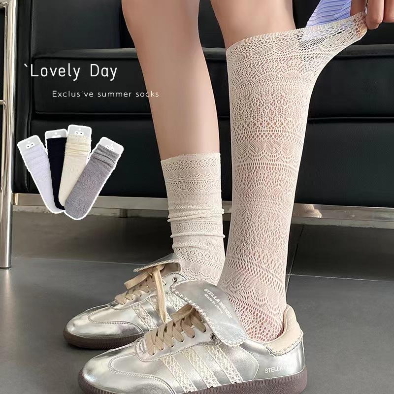 Summer Thin Solid Color Mesh Hollow Socks for Women Jk Slimming Knee-high Socks In Ballet Style, Vintage High Socks