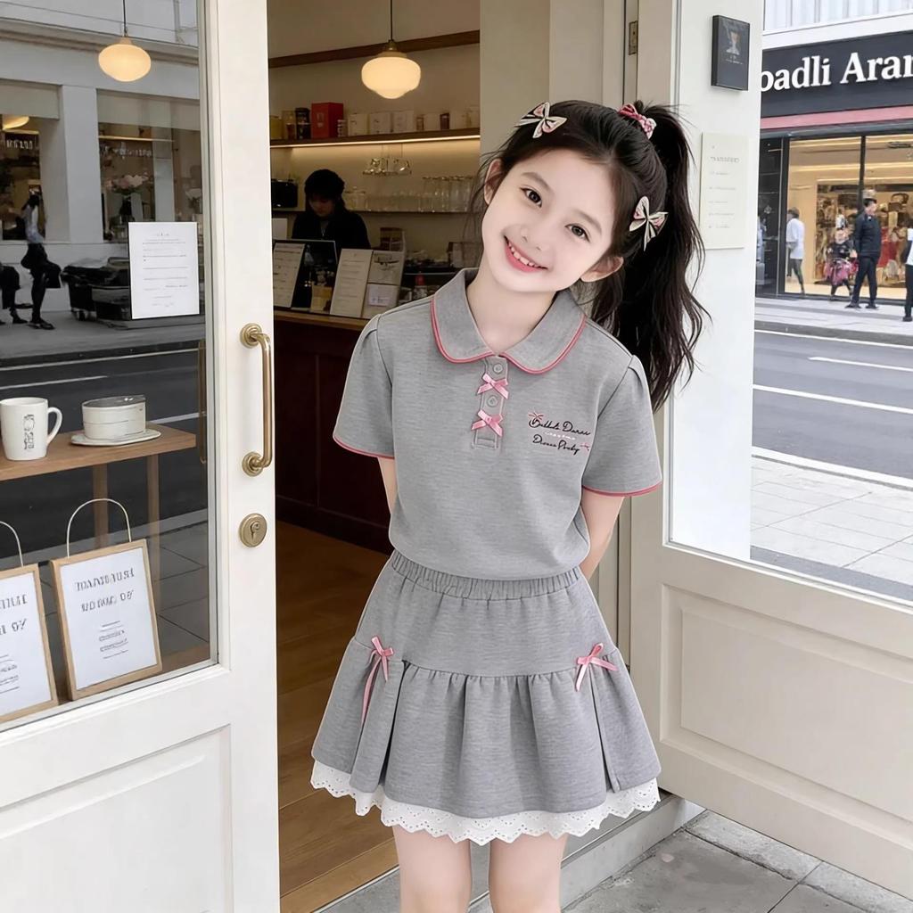 Girls' Forest Style Summer Two-Piece Set: Korean POLO Collar Top & Lace Skirt