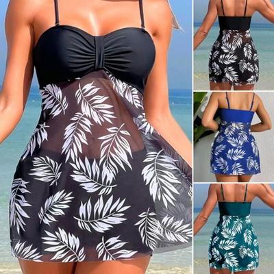 2 stks/set Dames Badpak Set Verstelbare Bandjes Print Mesh Zoom Bandeau Tops Hoge Taille Zwemmen