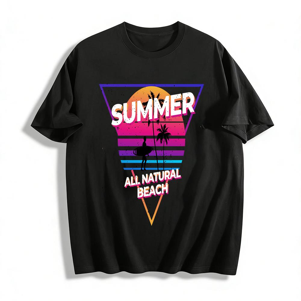 Vintage Summer Beach Surf Print Casual Short Sleeve T-Shirt Pure cotton T-shirt XXS