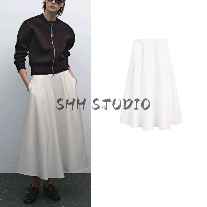 MD Spring and Summer Women's Clothing French Style All-Matching Cotton Blend Elegant Commute Style Wide Hem Midi Skirt 5286584