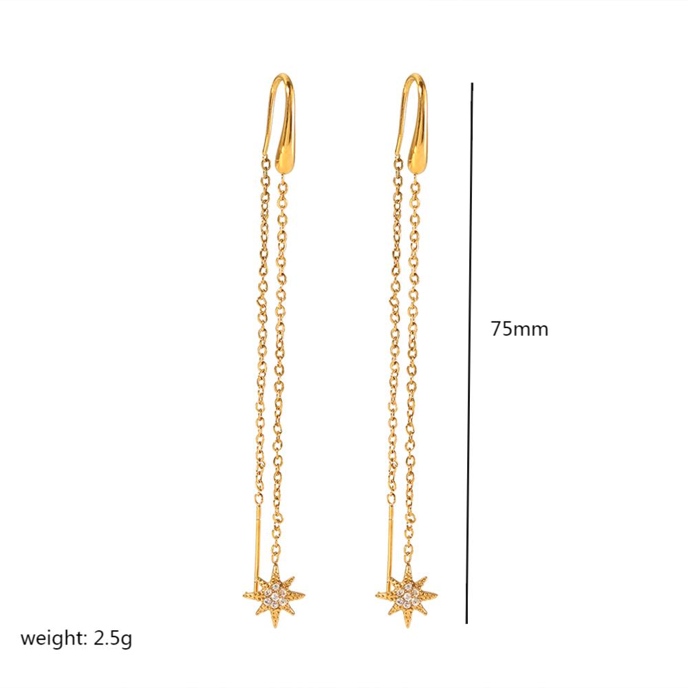 18k Gold Plated Chain Earring Dainty Star Moon Strip Drop Dangle Stainless Steel Long Threader Earring For Women
