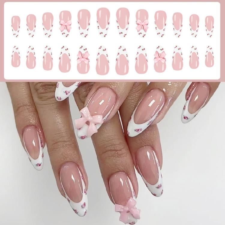 24 Uds. Uñas Artificiales de Presión Medias Patrones Elegantes de Tulipanes Uñas Falsas Cómodas para el Uso Diario Material ABS