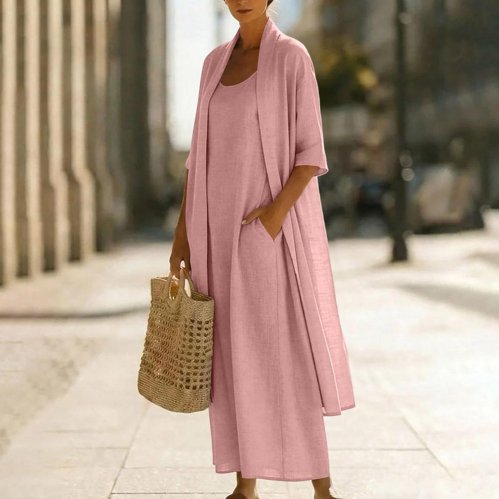 Damen 2-teilige Outfits Sommer Baumwoll-Leinen-Sets Maxikleid und Langarm-Strickjacke mit 3/4-Ärmeln und Tasche