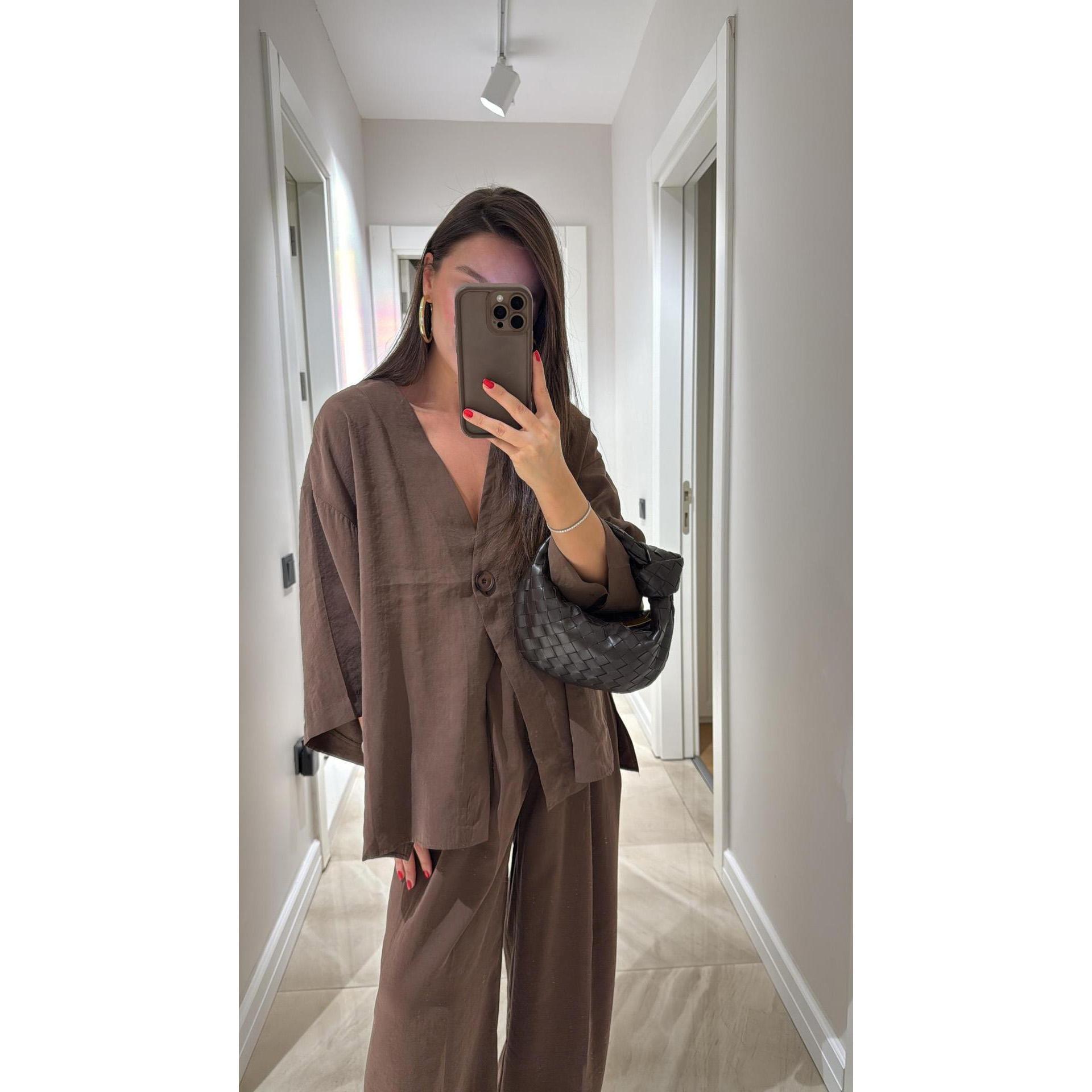 

Women S Classic Solid Wide Leg Pants Suits Summer Fashion V Neck One Button Loose Blouse Sets Casual Female Daily Streetwear XS темно-коричневого кольору
