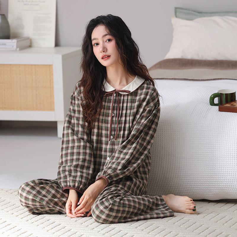 Woven cotton gauze pajamas women's spring and autumn pure cotton long-sleeved women's spring and summer cotton thickened loungewear set