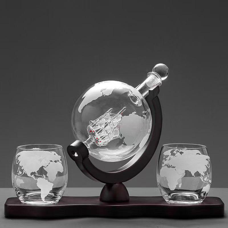850ml Globe Decanter with Cup and Wooden Stand - Transparent Whiskey Bottle, New Model