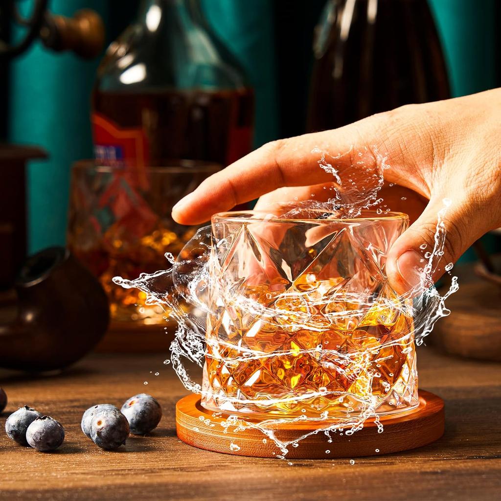 Crystal Whiskey Cup Set with Bamboo Coaster Gift Box Transparent  2 Pack 10 oz