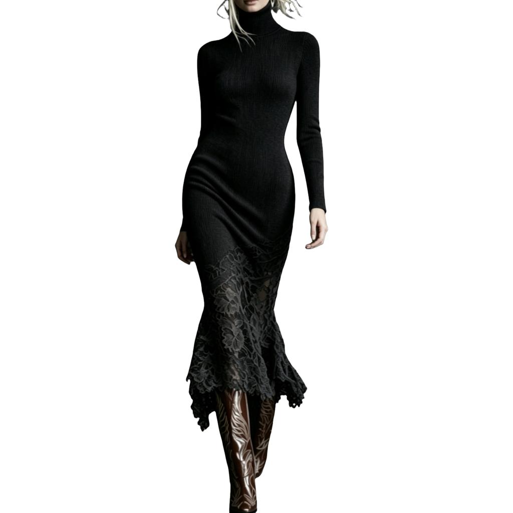 Women's High Neck Lace Panel Bodycon Maxi Dress, Slim Fit Long Dress for Cocktail Party and Evening Wear