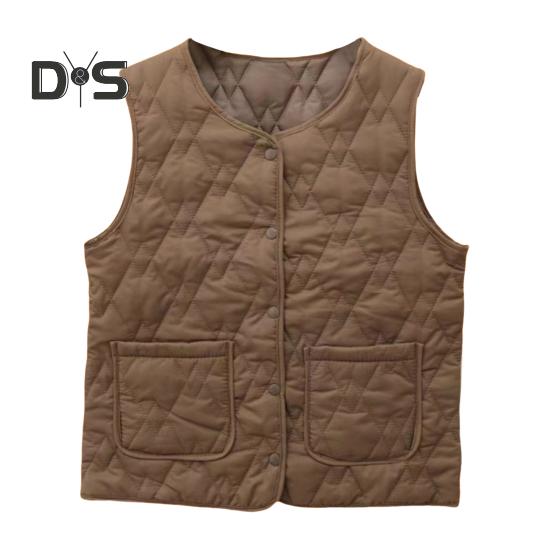 

Женский терможилет без рукавов, однобортная куртка с застежкой, однотонный круглый вырез, имитация шелка, хлопковая подкладка, жилет для повседневной носки осенью и зимой XXL хаки