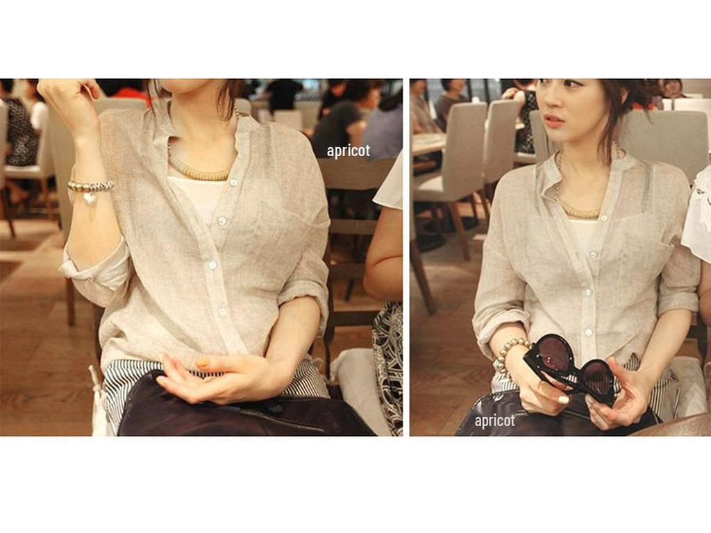 Women's Summer Seven Sleeve Loose Cotton Linen Stand Collar Blouse