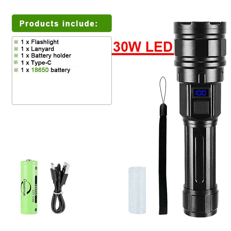 Powerful 30W LED Flashlight Super Bright Lantern Rechargeable Flashlights Waterproof Torch Strong Light Outdoor Camping Hiking Lights
