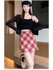 Red Plaid Women's High-Waist A-Line Skirt, Stylish Petite Woolen Skirt for Spring/Autumn 2026.