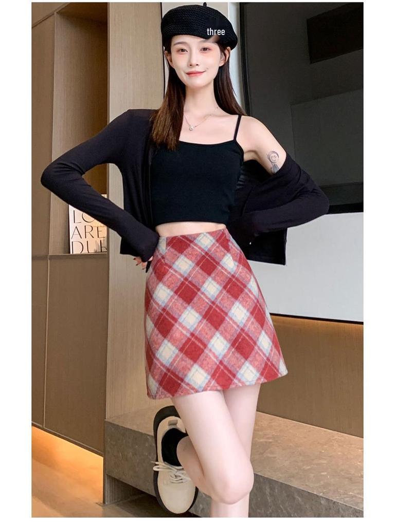 Red Plaid Women's High-Waist A-Line Skirt, Stylish Petite Woolen Skirt for Spring/Autumn 2026.