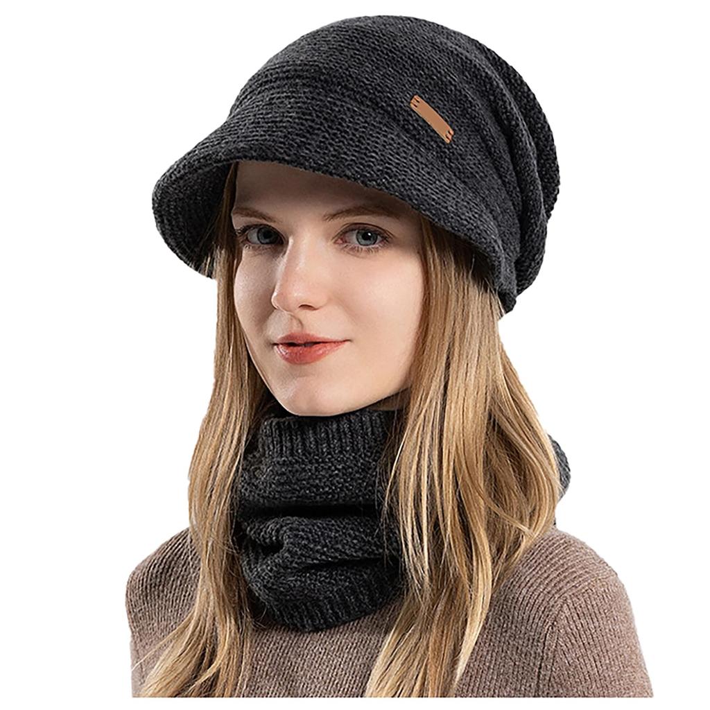 HUHUKEEP Neck Classic Brim Knit Hat with Extra Thick Pile Protection from the Cold and Soft Slimming No Knit Solid Black Women's Warmer, Cloud-Like
