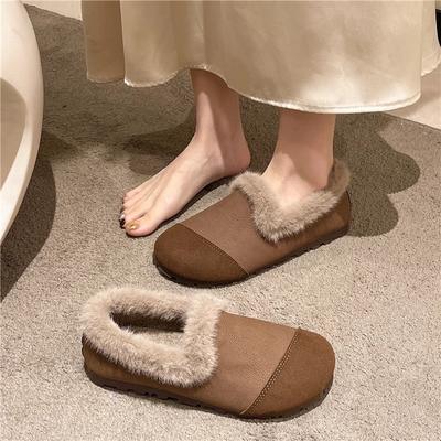 Retro Warm Cotton Shoes for Women, Autumn and Winter New Soft-soled One-pedal Lazy Grandma Shoes, Velvet Bean Shoes