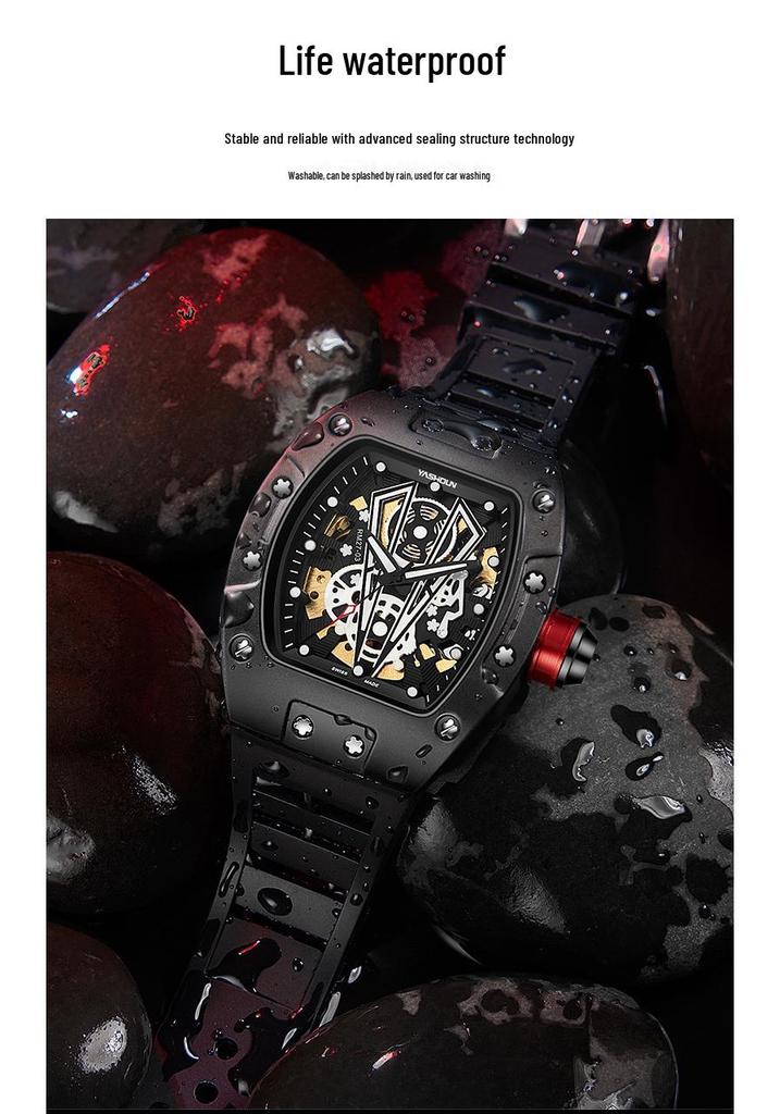 YASHIDUN Trendy Wine Barrel Skeleton Waterproof Luminous Silicone Strap Men's Mechanical Wristwatch