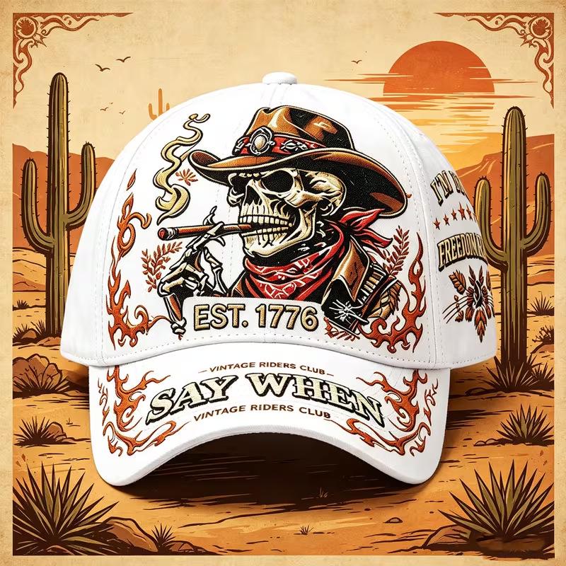Nuovo Berretto da Baseball Cowboy Teschio del West Americano con Design a Fiamma Retrò e Protezione Solare
