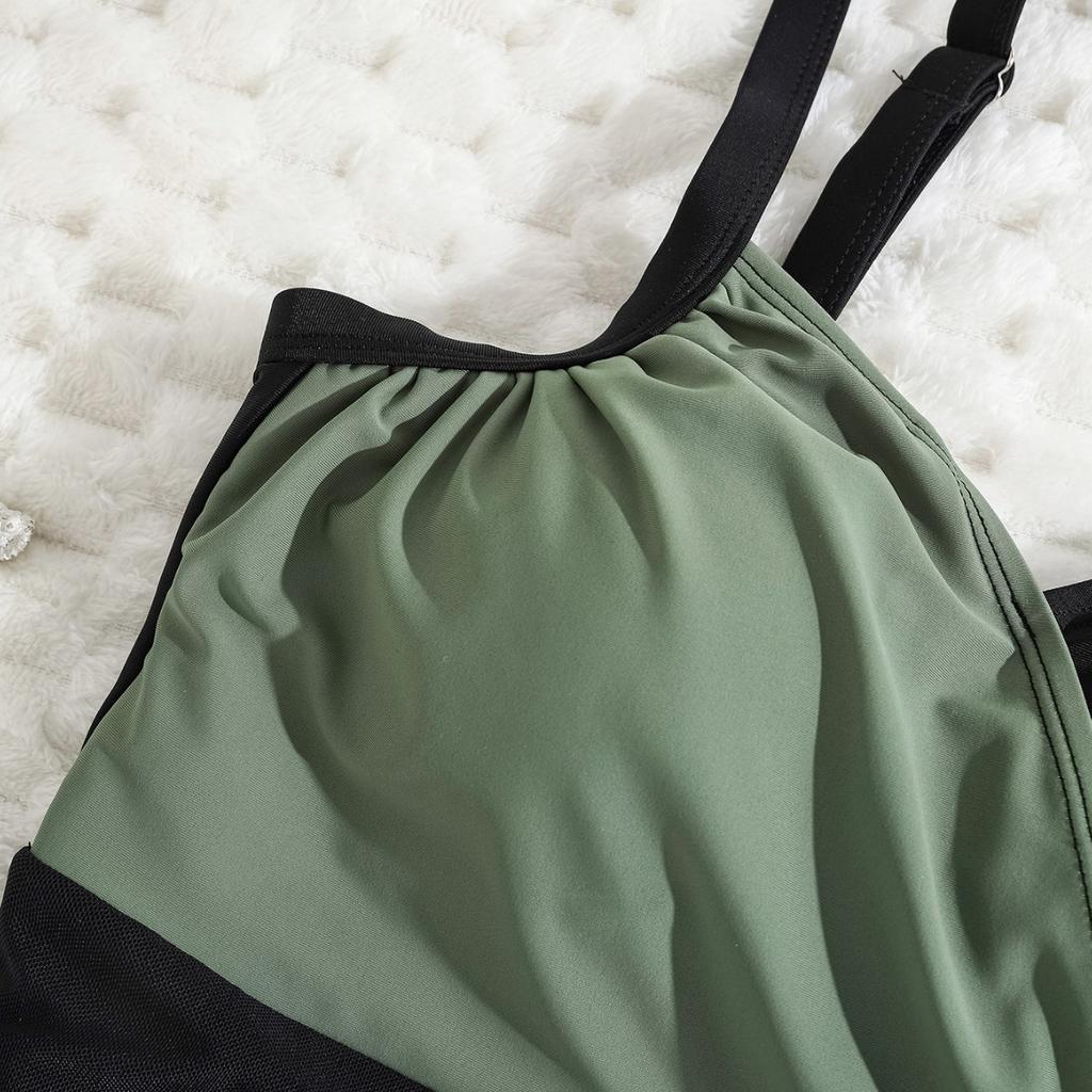 Traje de baño de mujer Color Block Malla Cordón Ajustable Slim Traje de baño de una pieza Conjunto de bikini Ropa de playa Trajes de baño