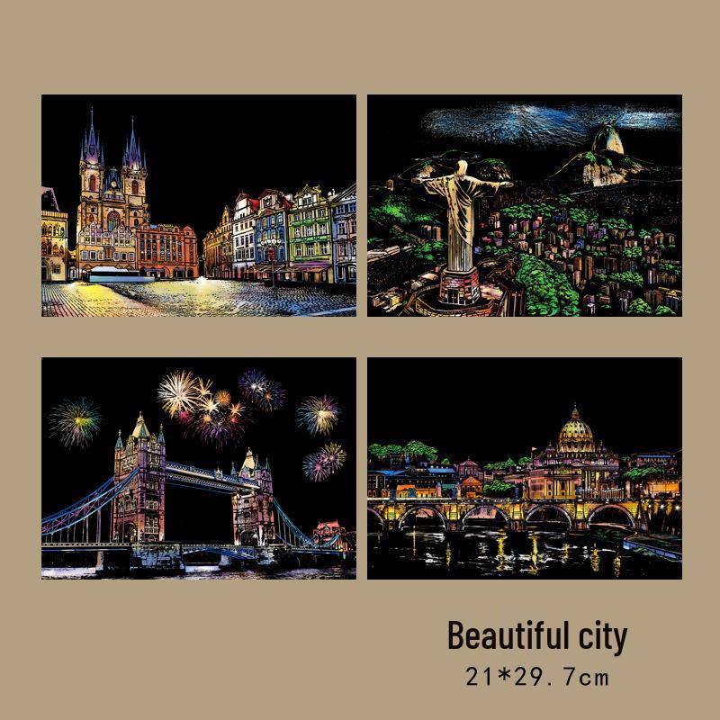 A4 Night View Cityscape Scratch Art DIY Craft - 18th Birthday Gift for Best Friend