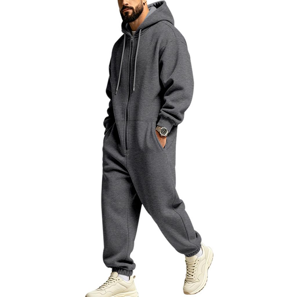 Men's Lined Hooded Jumpsuit Set for Winter Outdoor Sports, Loose Fit Hip Hop